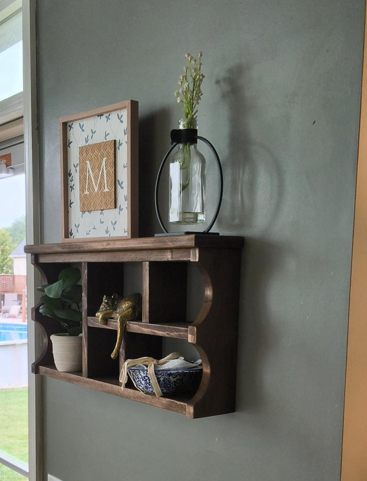 Handmade Scalloped Rustic Wall Cubby Shelf | Dark Walnut