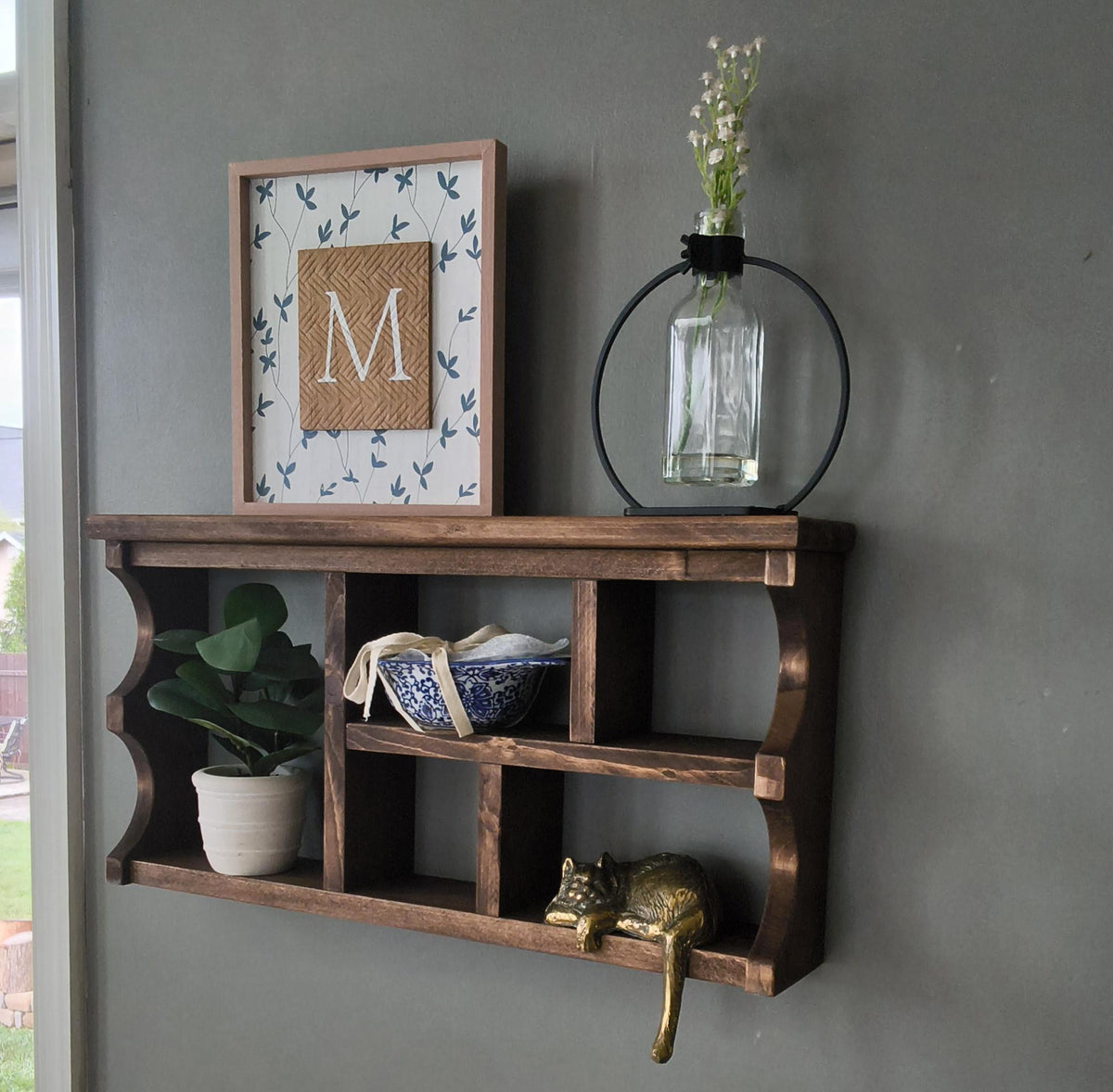 Handmade Scalloped Rustic Wall Cubby Shelf | Dark Walnut