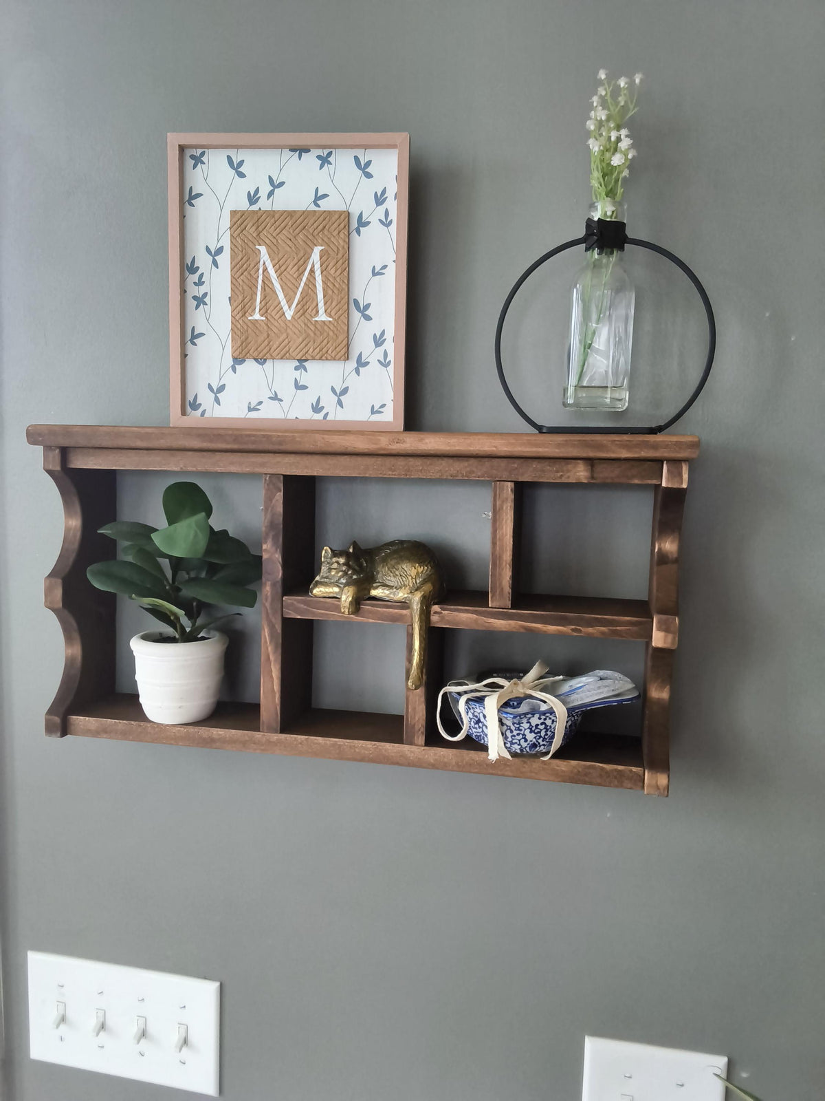 Handmade Scalloped Rustic Wall Cubby Shelf | Dark Walnut
