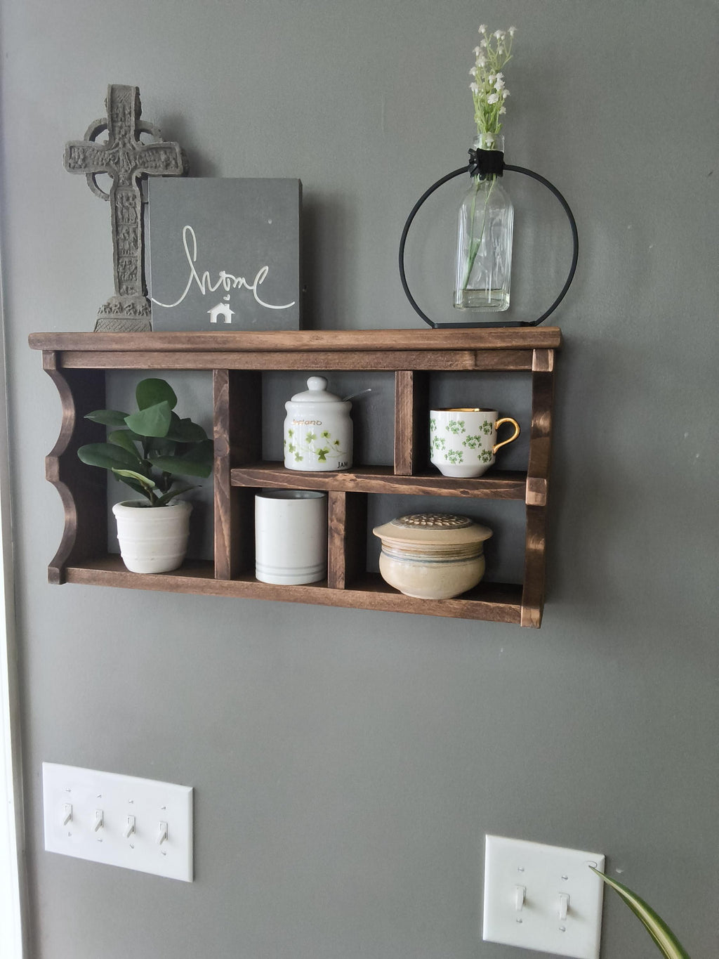 Handmade Scalloped Rustic Wall Cubby Shelf | Dark Walnut